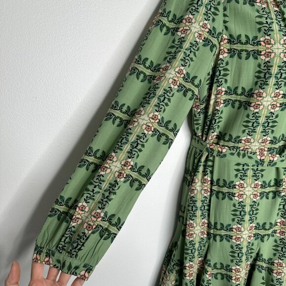 Loft Tiled Vine Godet Mini Dress Size L Green Floral Fit Flare Cottage - Picture 4 of 16